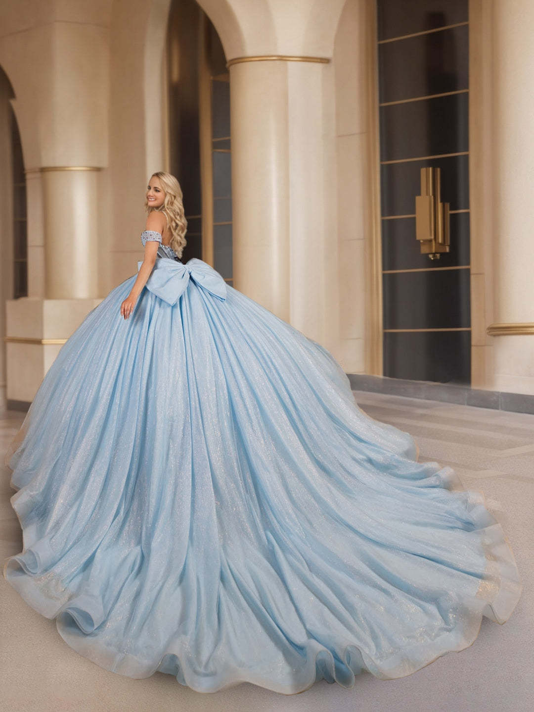 Off-the-Shoulder Sleeveless Ball Gown in Long Tulle with Sequins for Prom