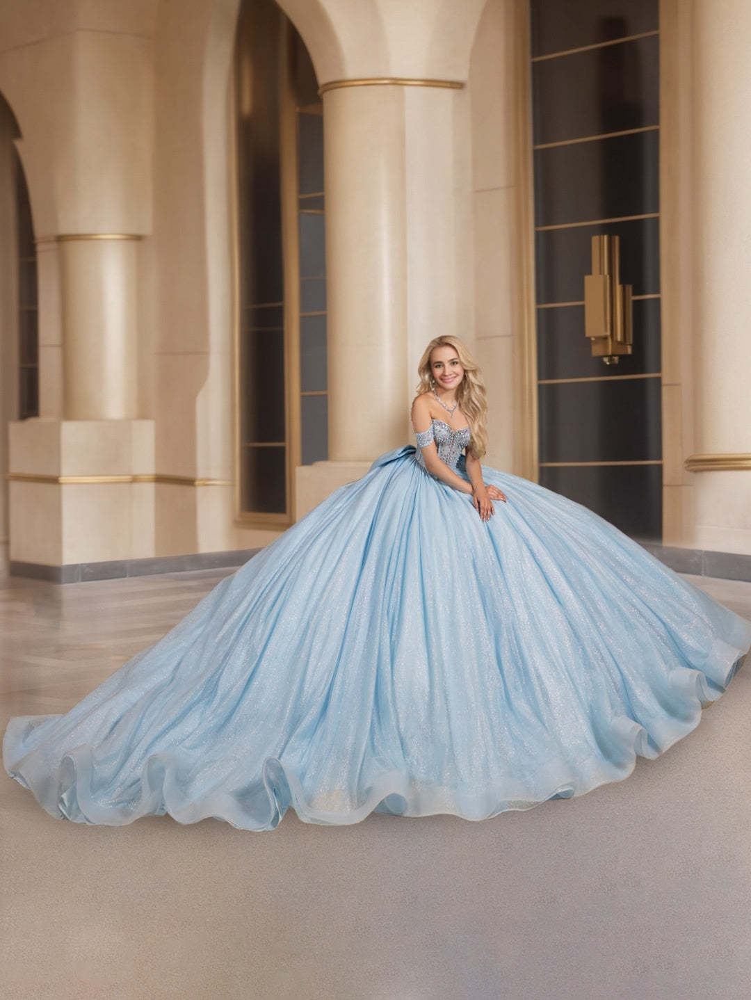 Off-the-Shoulder Sleeveless Ball Gown in Long Tulle with Sequins for Prom