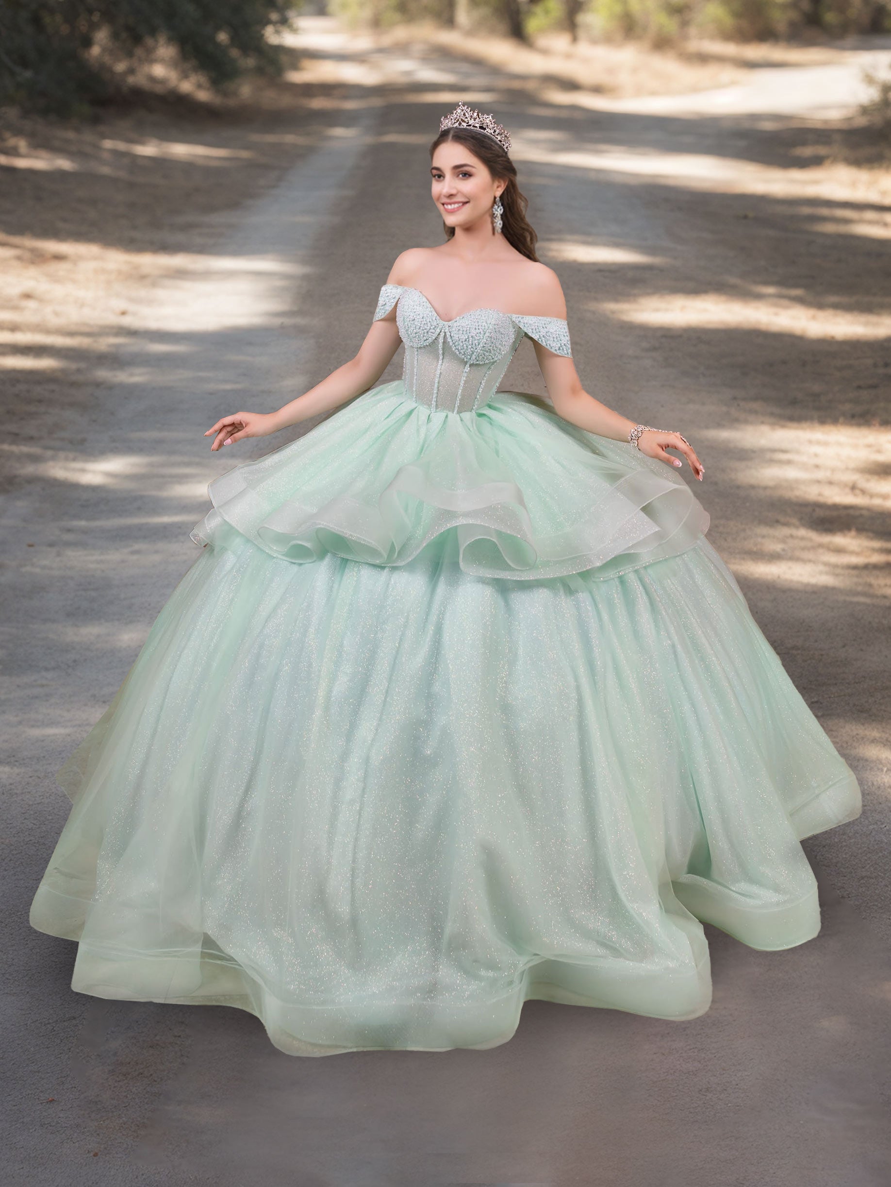 Off-the-Shoulder Sleeveless Ball Gown in Tulle with Crystal Beadings Floor-Length for Prom