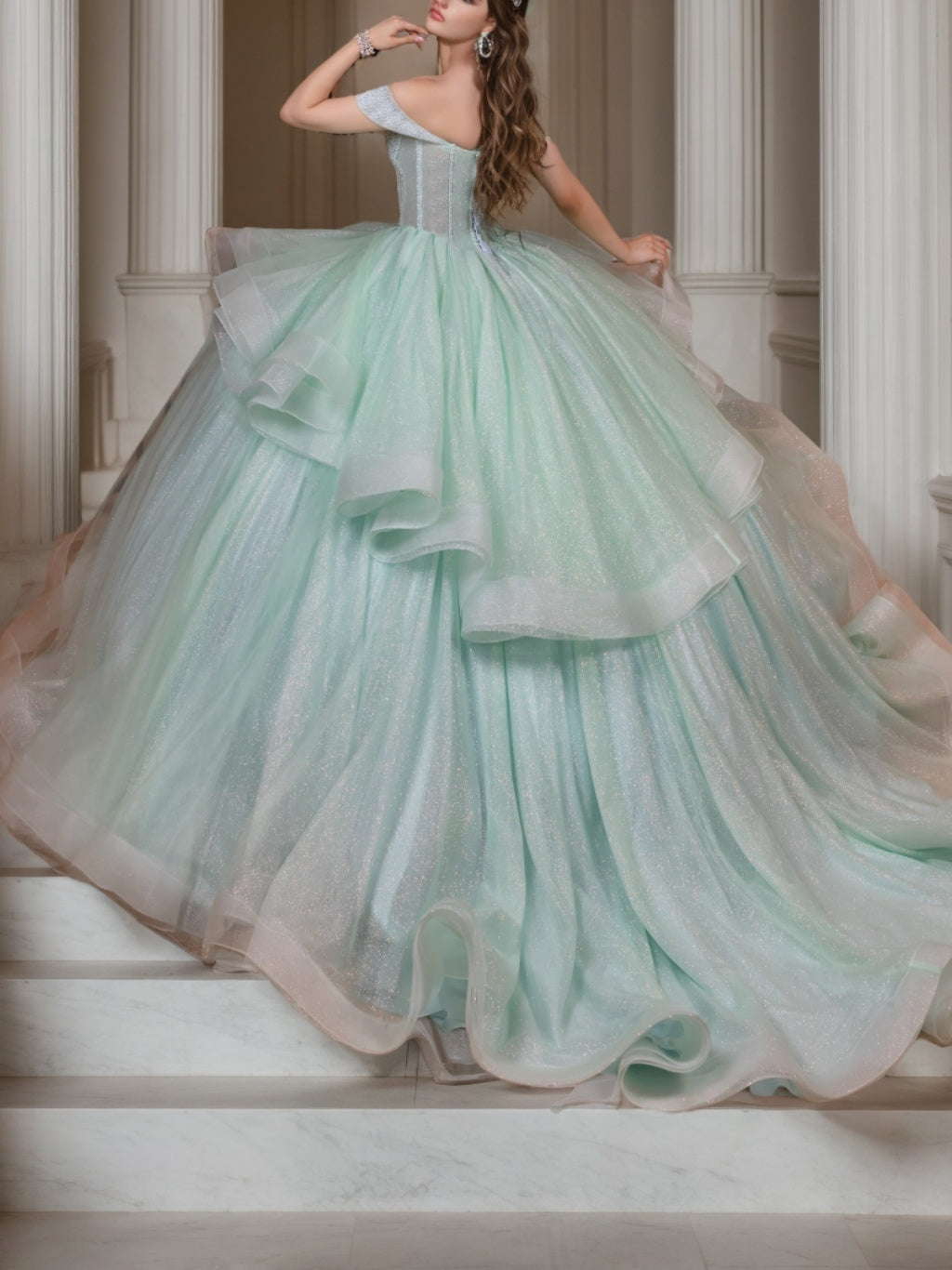 Off-the-Shoulder Sleeveless Ball Gown in Tulle with Crystal Beadings Floor-Length for Prom