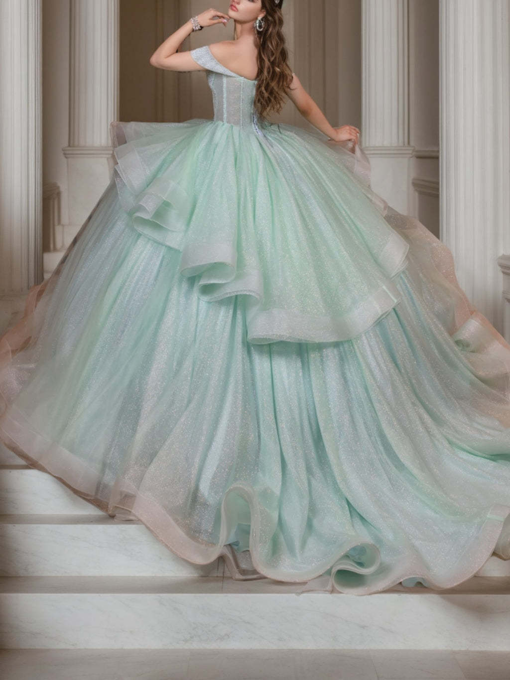 Off-the-Shoulder Sleeveless Ball Gown in Tulle with Crystal Beadings Floor-Length for Prom