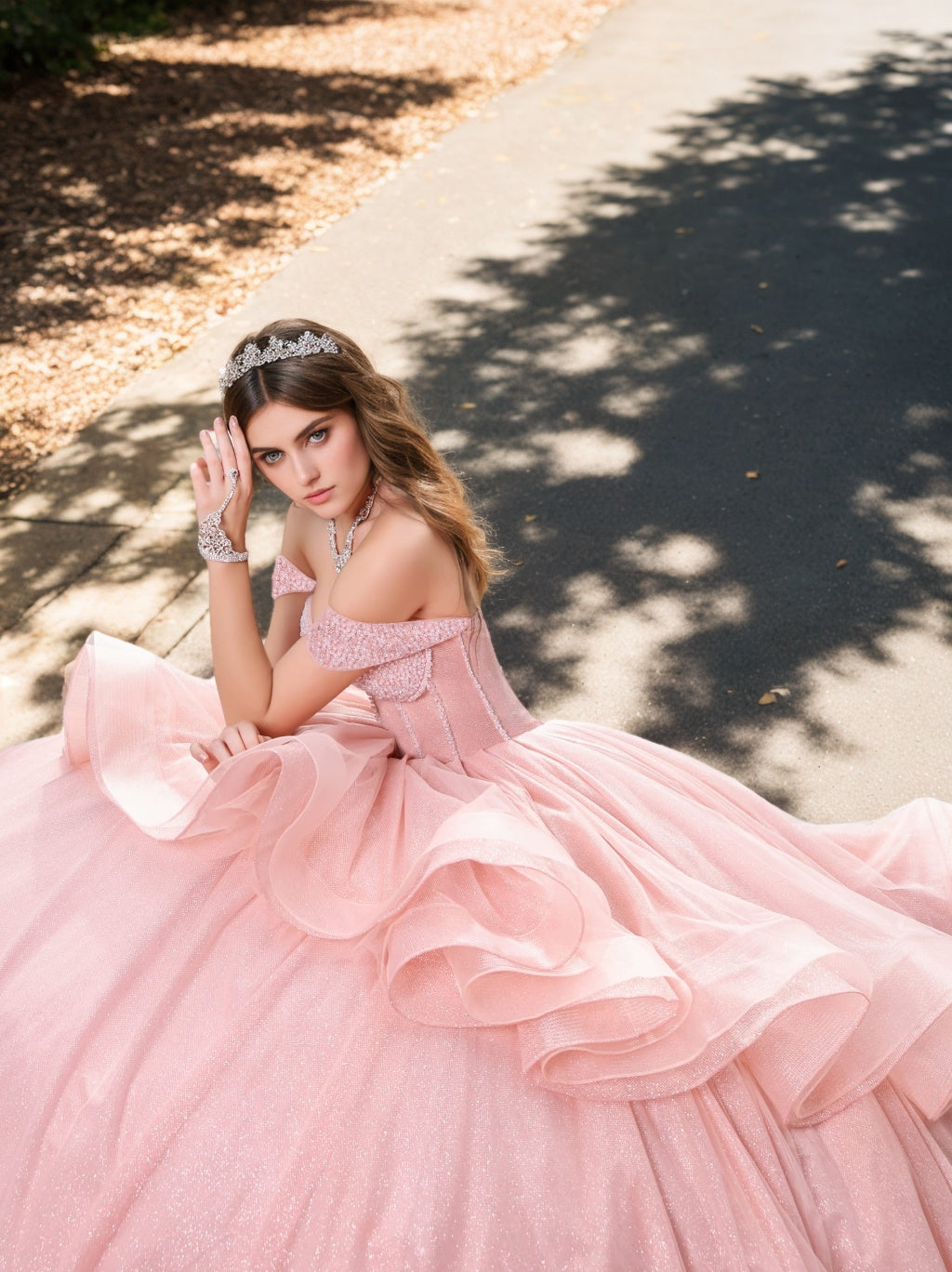 Off-the-Shoulder Sleeveless Ball Gown in Tulle with Crystal Beadings Floor-Length for Prom