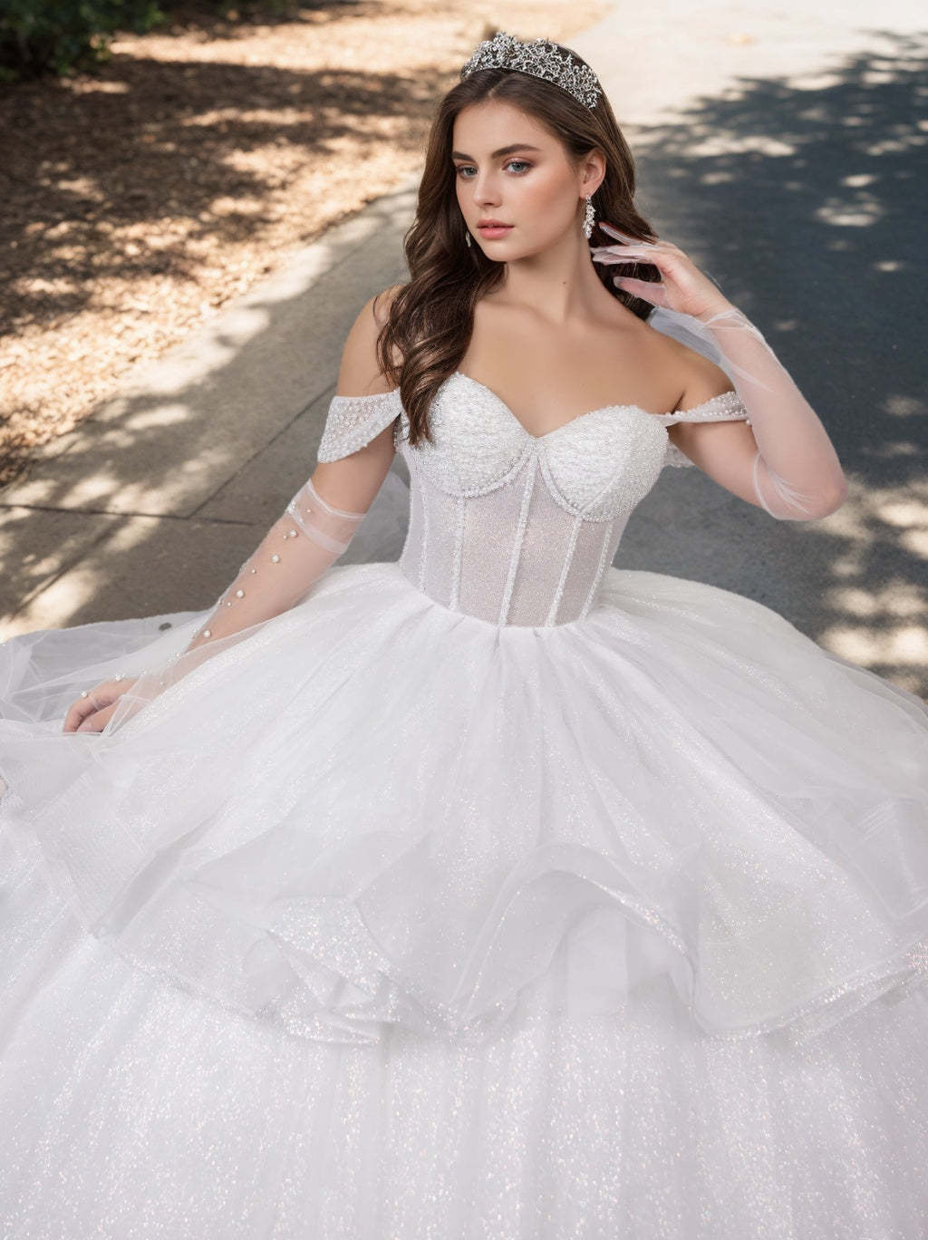 Off-the-Shoulder Sleeveless Ball Gown in Tulle with Crystal Beadings Floor-Length for Prom