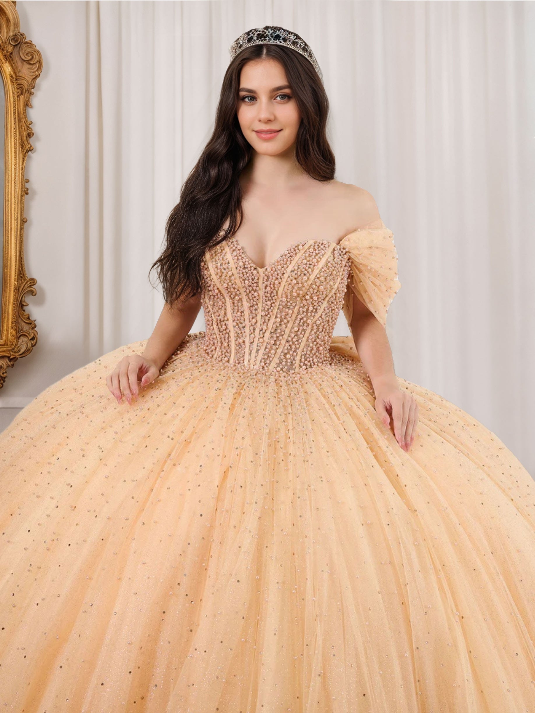 Sweetheart Off-the-Shoulder Sleeveless Ball Gown with Pearls and Bowknot Floor-length Long Prom Dress-BMbridal.UK