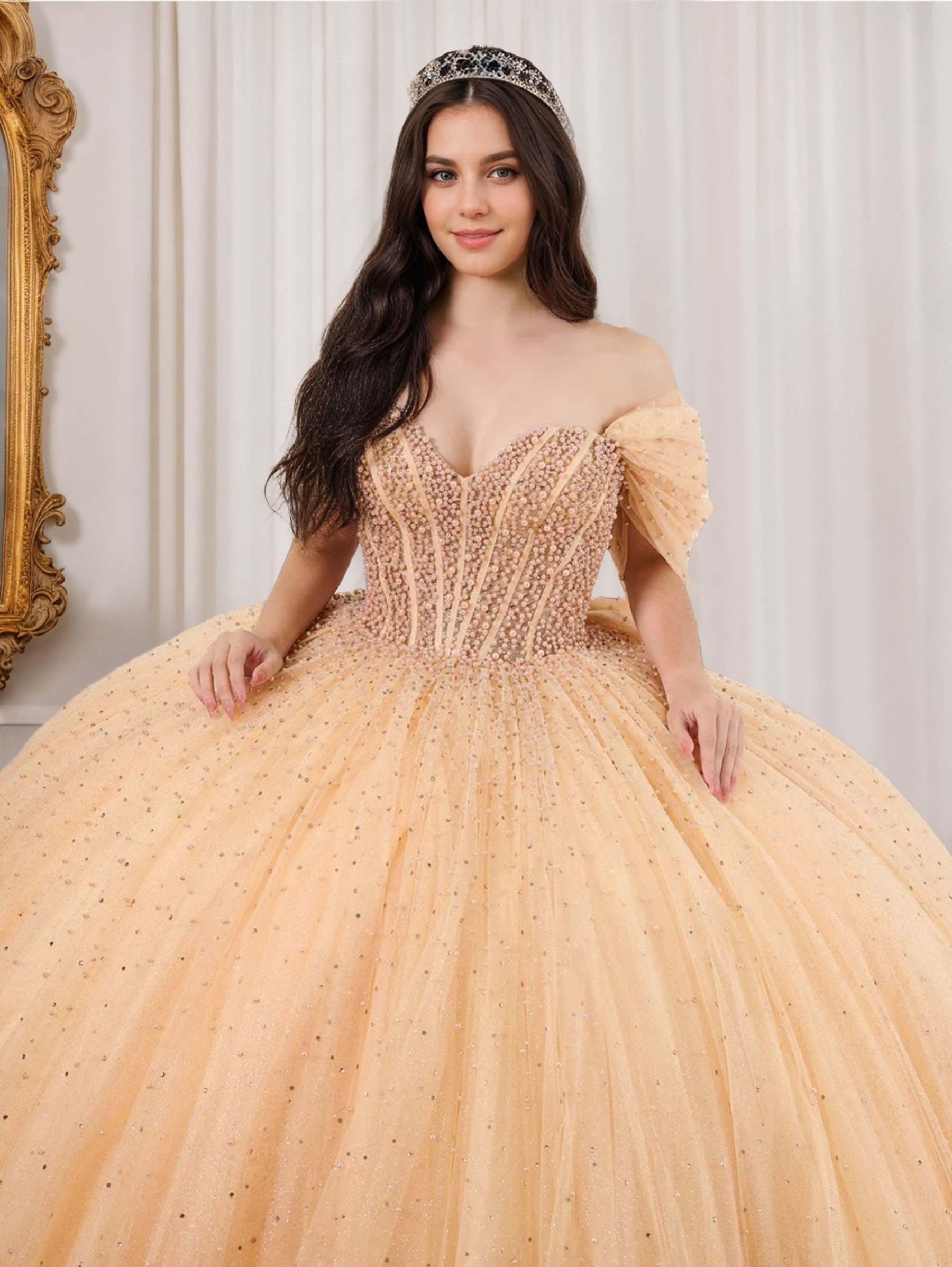 Sweetheart Off-the-Shoulder Sleeveless Ball Gown with Pearls and Bowknot Floor-length Long Prom Dress-BMbridal.UK