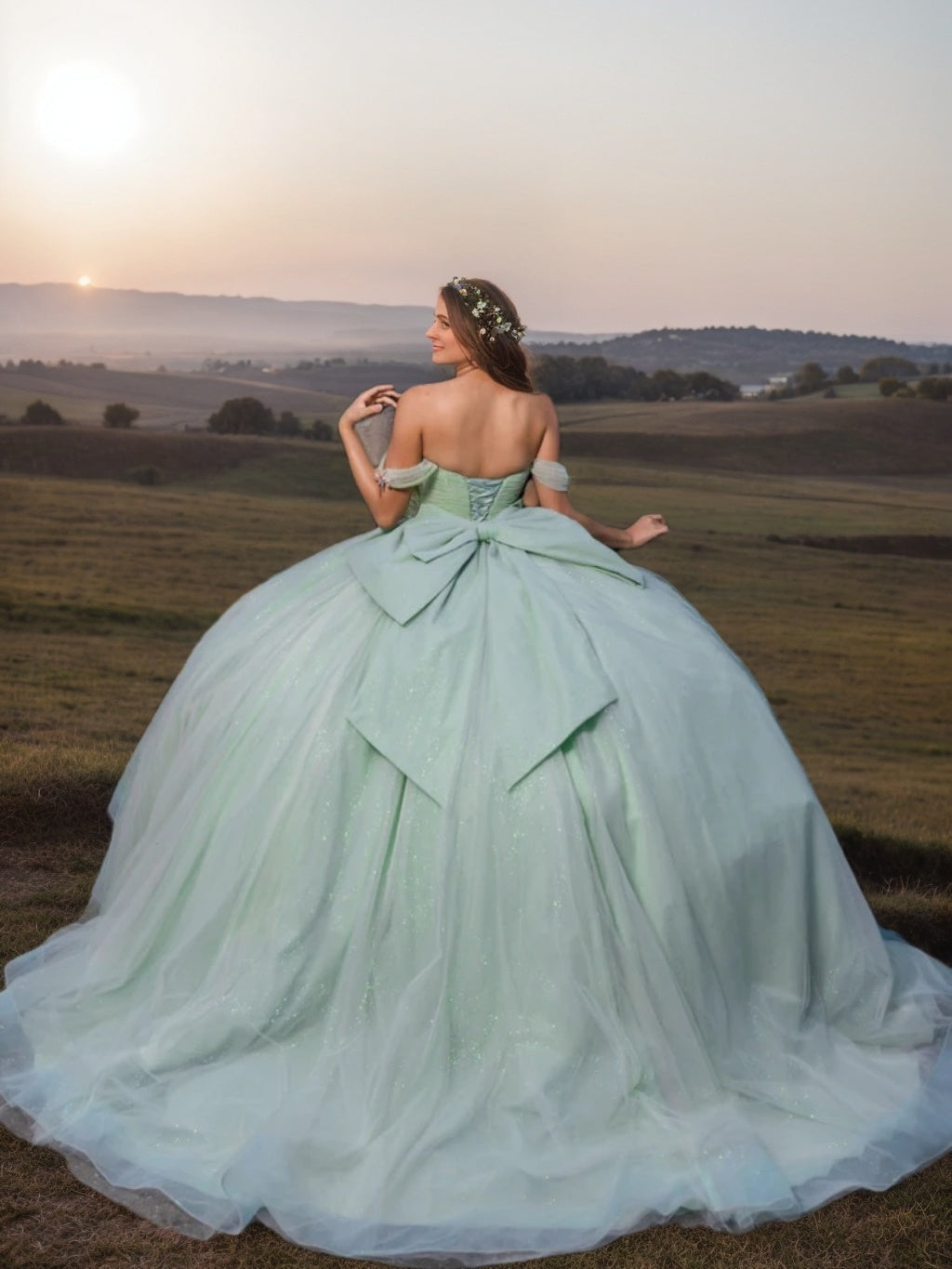 Sweetheart Off-the-Shoulder Ball Gown with Ruffles and Bowknot Sleeveless Floor-length Prom Dress