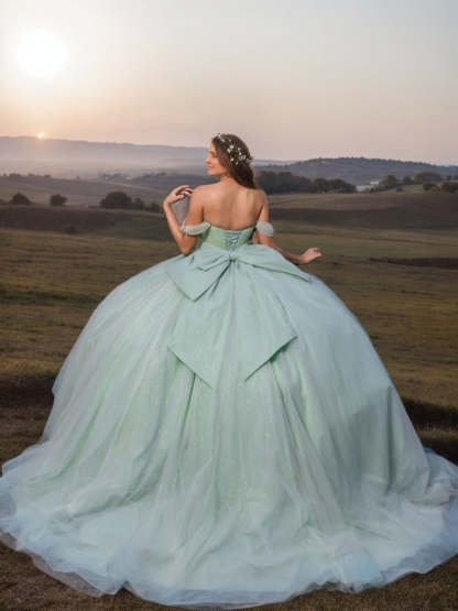 Sweetheart Off-the-Shoulder Ball Gown with Ruffles and Bowknot Sleeveless Floor-length Prom Dress