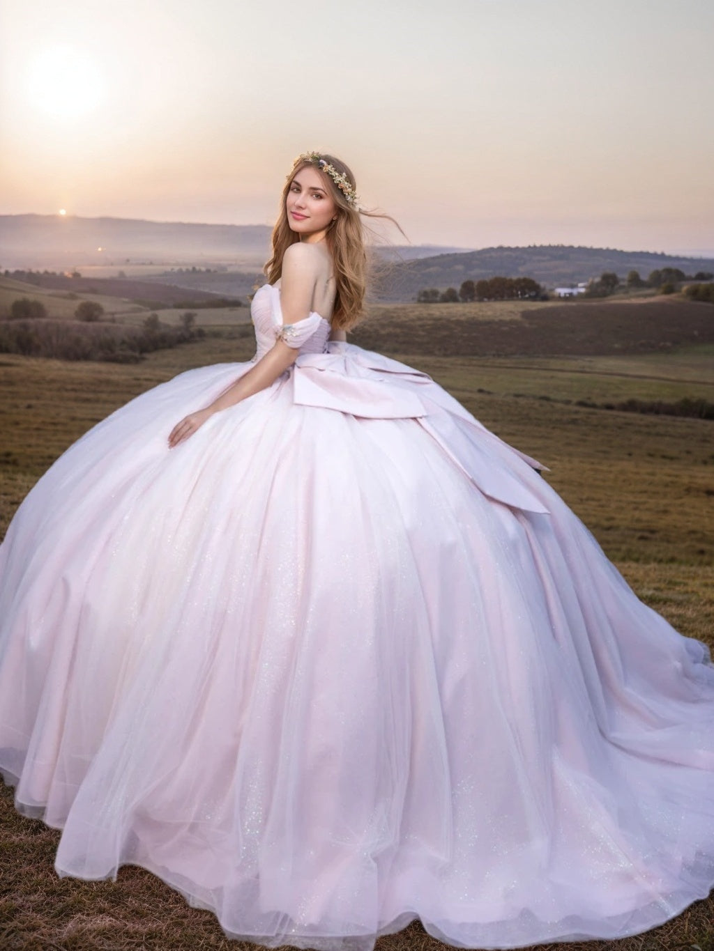 Sweetheart Off-the-Shoulder Ball Gown with Ruffles and Bowknot Sleeveless Floor-length Prom Dress