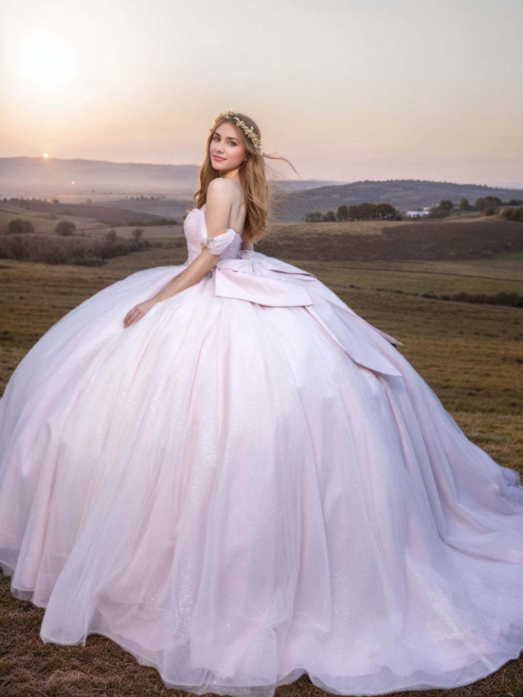 Sweetheart Off-the-Shoulder Ball Gown with Ruffles and Bowknot Sleeveless Floor-length Prom Dress