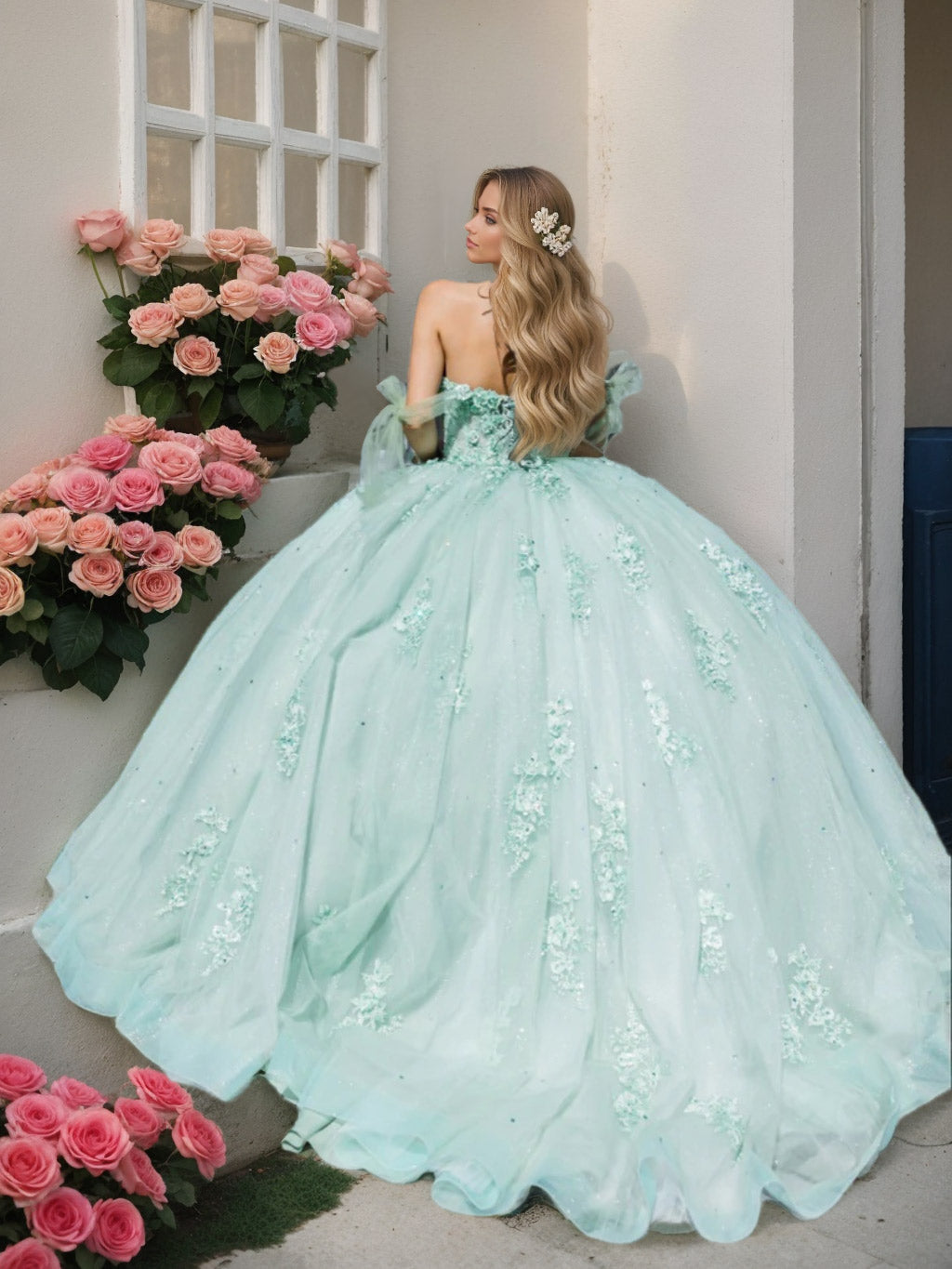 Off-the-Shoulder Sleeveless Ball Gown with Sequins in a Floor-Length Design