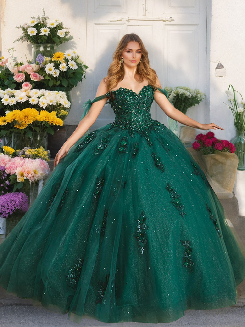 Off-the-Shoulder Sleeveless Ball Gown with Sequins in a Floor-Length Design