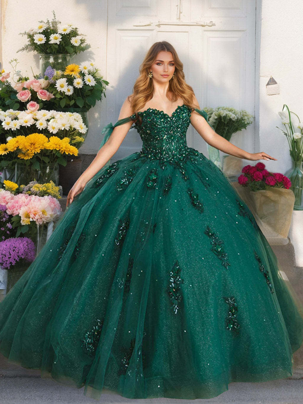 Off-the-Shoulder Sleeveless Ball Gown with Sequins in a Floor-Length Design