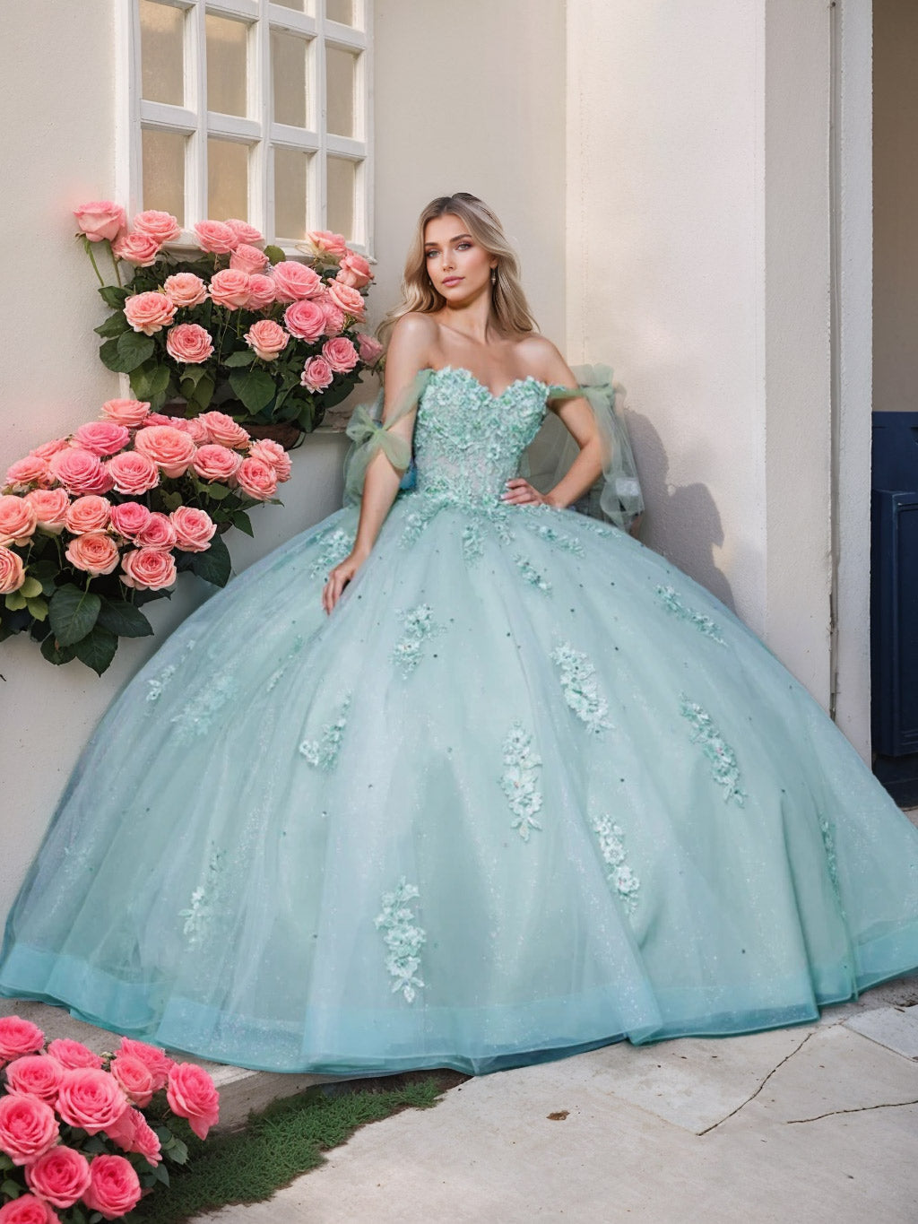 Off-the-Shoulder Sleeveless Ball Gown with Sequins in a Floor-Length Design