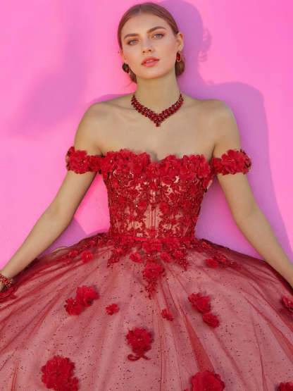 Sweetheart Off-the-Shoulder Sleeveless Ball Gown with Appliques & Flowers in Floor-length Tulle