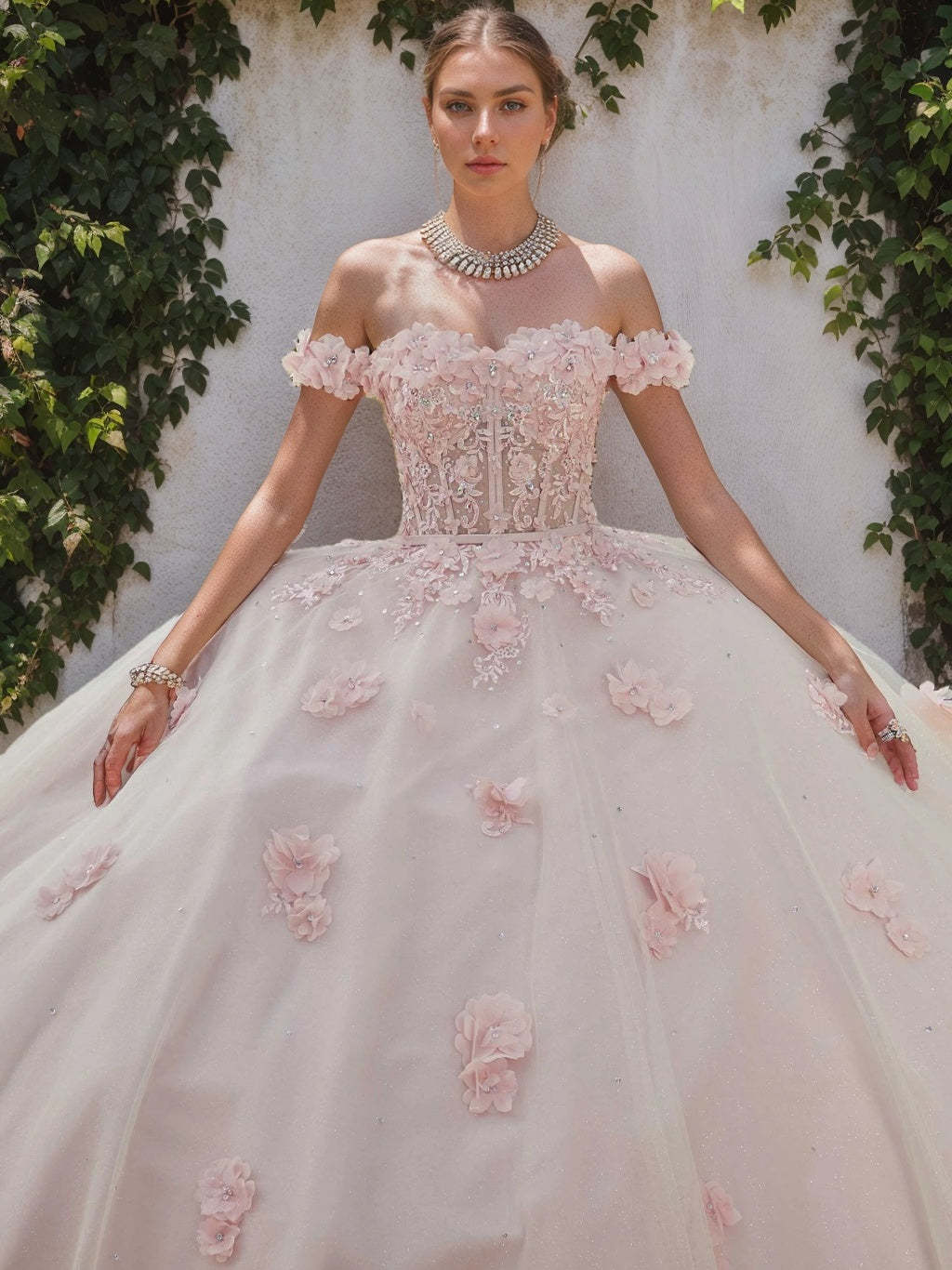 Sweetheart Off-the-Shoulder Sleeveless Ball Gown with Appliques & Flowers in Floor-length Tulle