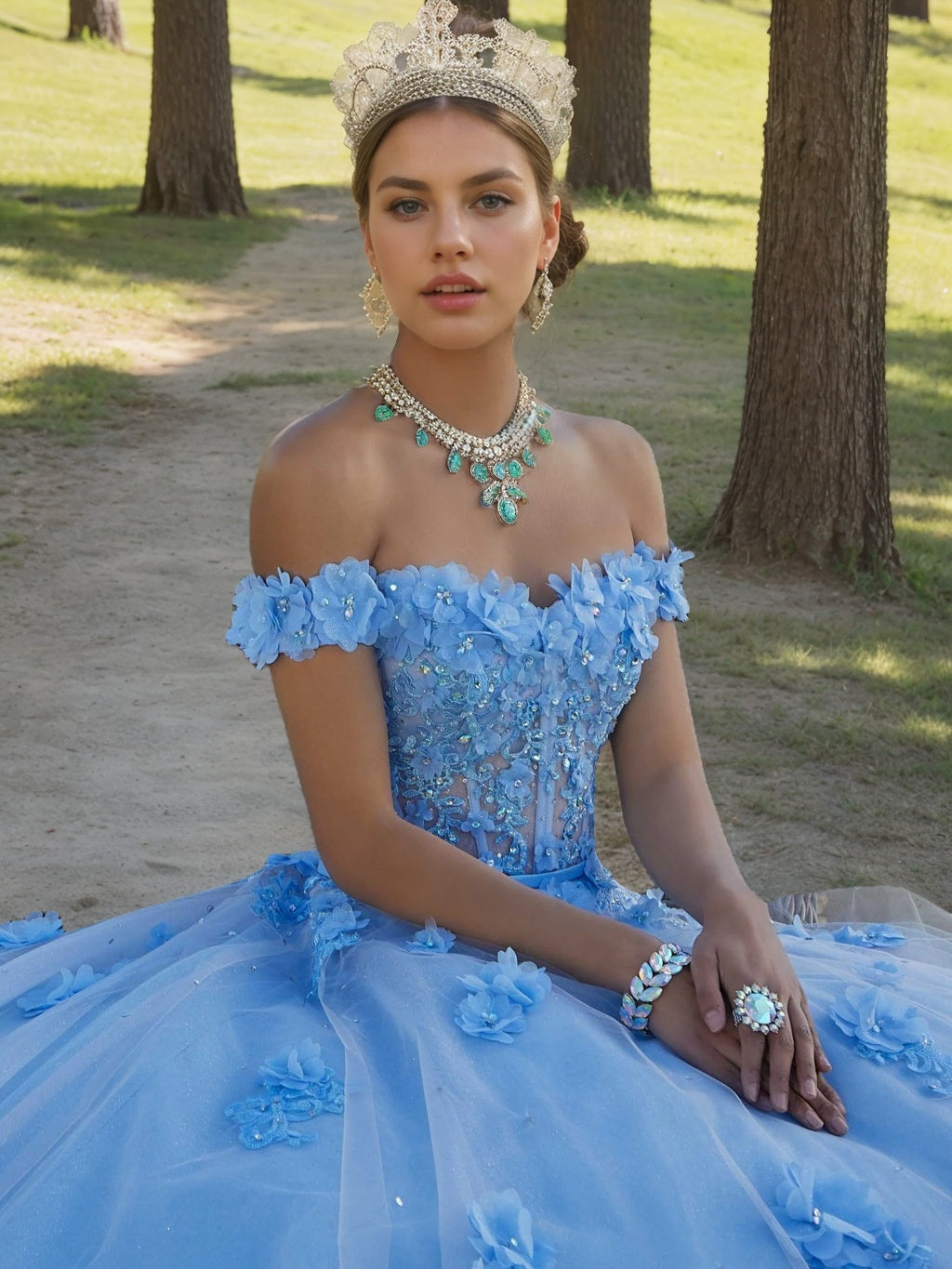 Sweetheart Off-the-Shoulder Sleeveless Ball Gown with Appliques & Flowers in Floor-length Tulle