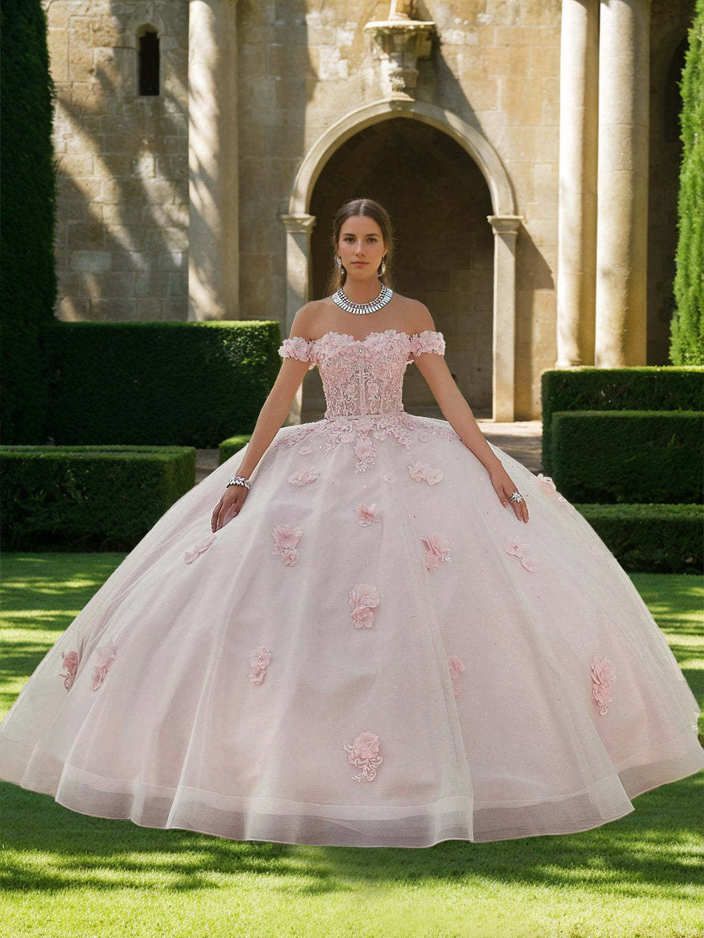 Sweetheart Off-the-Shoulder Sleeveless Ball Gown with Appliques & Flowers in Floor-length Tulle