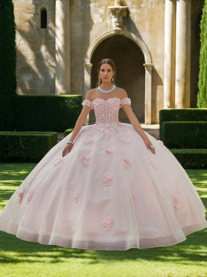 Sweetheart Off-the-Shoulder Sleeveless Ball Gown with Appliques & Flowers in Floor-length Tulle