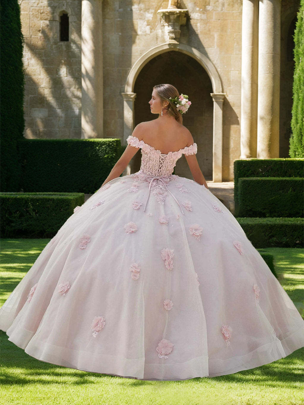 Sweetheart Off-the-Shoulder Sleeveless Ball Gown with Appliques & Flowers in Floor-length Tulle