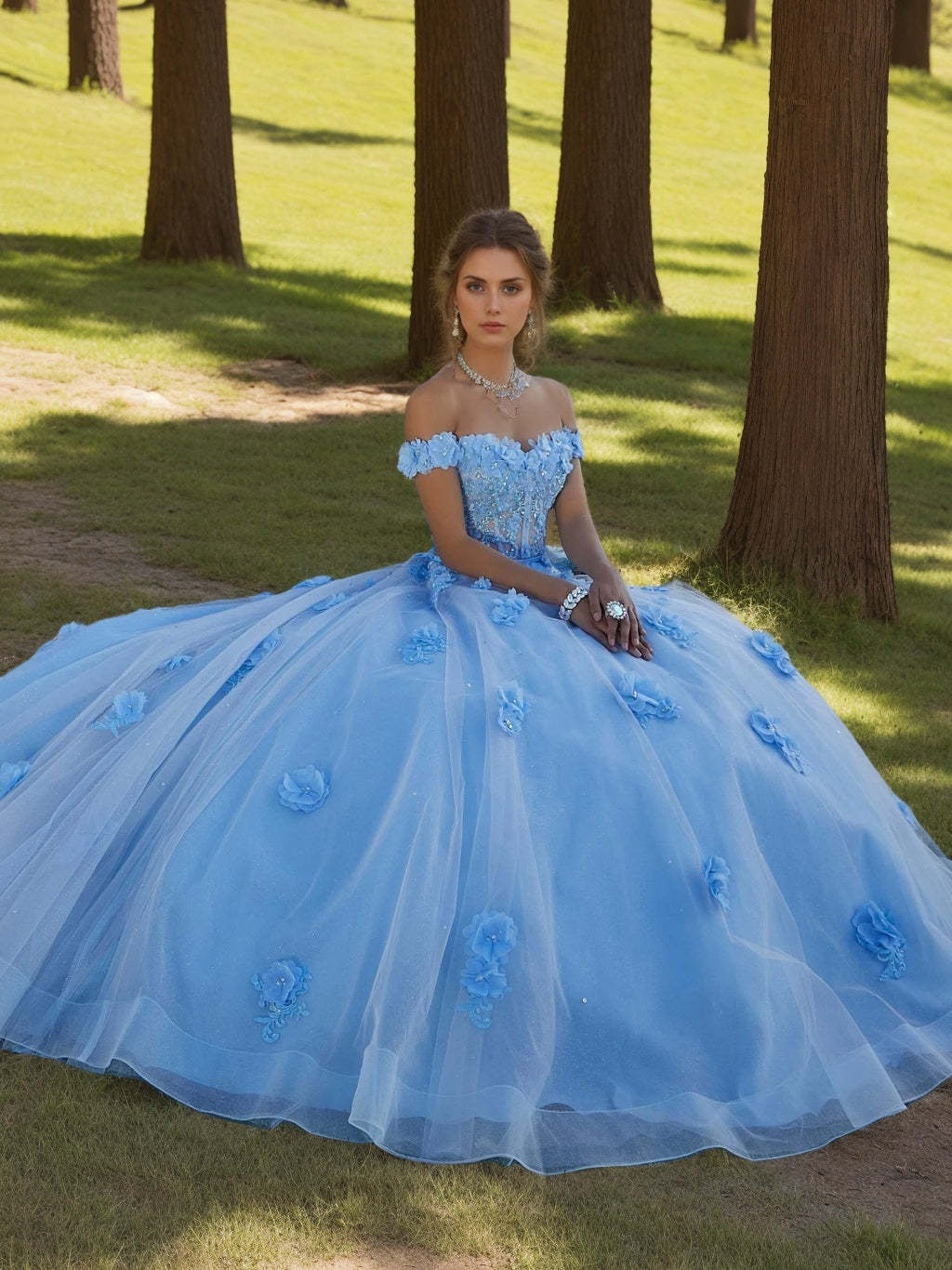 Sweetheart Off-the-Shoulder Sleeveless Ball Gown with Appliques & Flowers in Floor-length Tulle