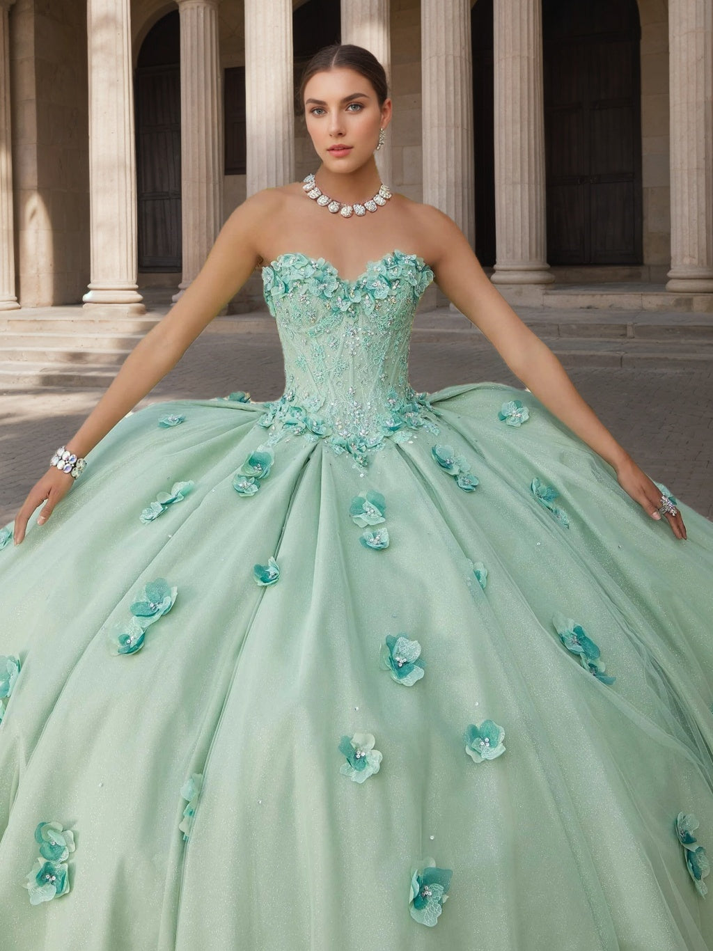 Sweetheart Strapless Sleeveless Ball Gown Long Prom Dress in Lace Tulle with Sequins & Flowers