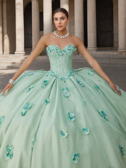 Sweetheart Strapless Sleeveless Ball Gown Long Prom Dress in Lace Tulle with Sequins & Flowers