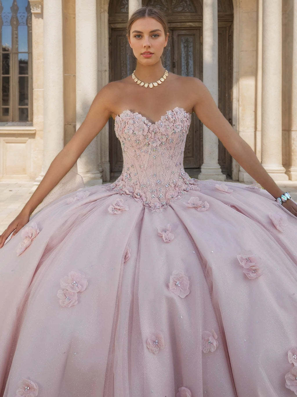 Sweetheart Strapless Sleeveless Ball Gown Long Prom Dress in Lace Tulle with Sequins & Flowers