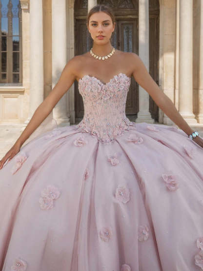 Sweetheart Strapless Sleeveless Ball Gown Long Prom Dress in Lace Tulle with Sequins & Flowers