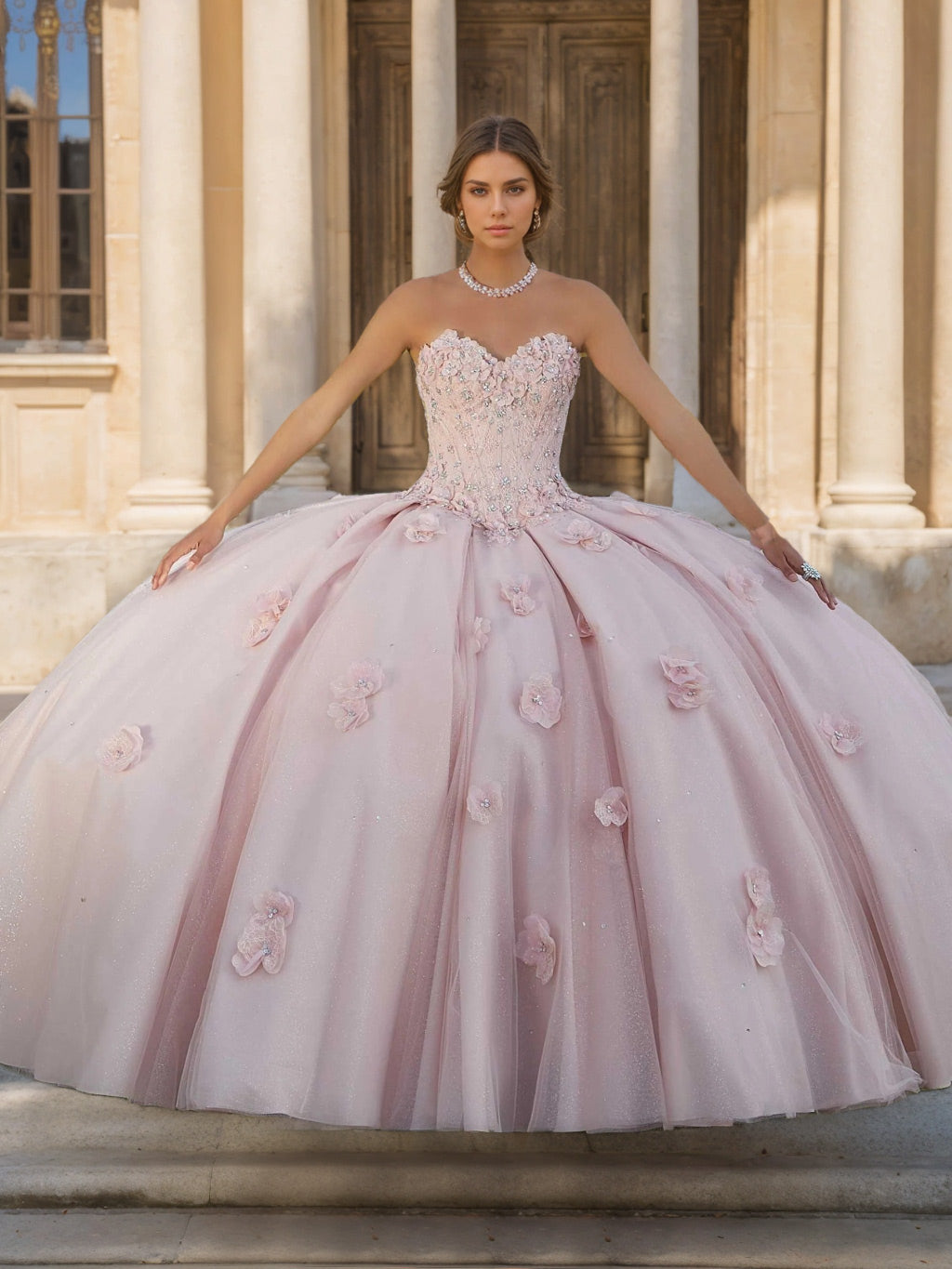 Sweetheart Strapless Sleeveless Ball Gown Long Prom Dress in Lace Tulle with Sequins & Flowers