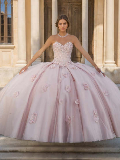 Sweetheart Strapless Sleeveless Ball Gown Long Prom Dress in Lace Tulle with Sequins & Flowers