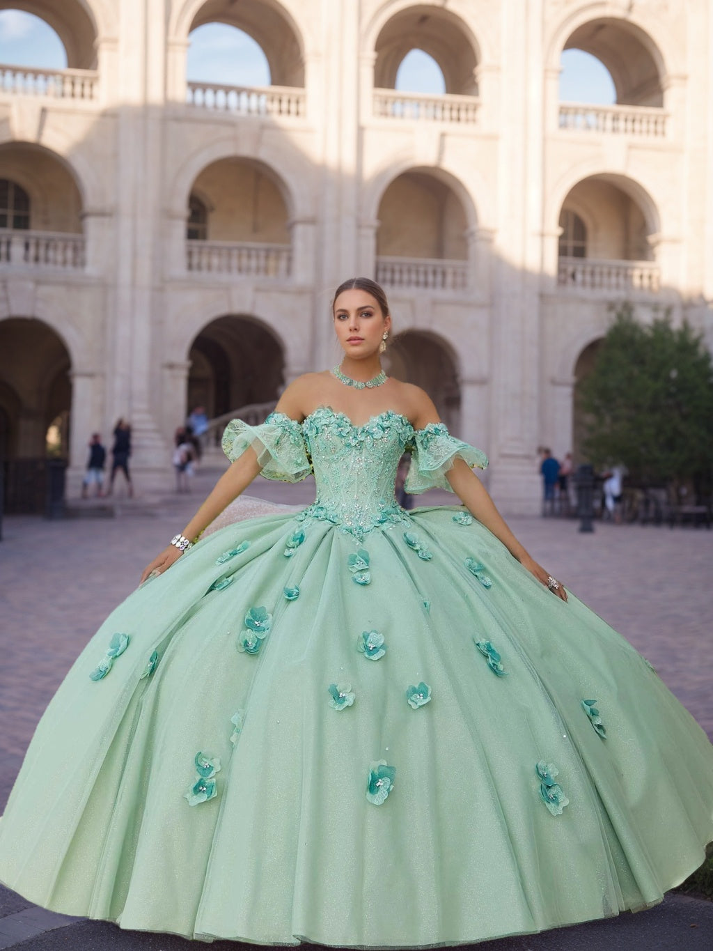 Sweetheart Neckline Strapless Ball Gown in Lace and Tulle with Sequins & Flowers