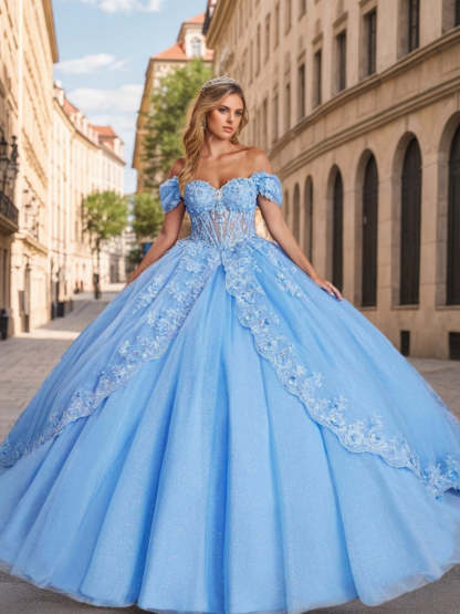 Sweetheart Off-the-Shoulder Ball Gown with Lace Appliques & Beads Sleeveless Floor-length Prom Dress