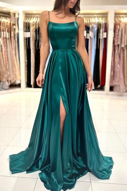 Spaghetti Strap Split Simple Long Prom Dress Green A Line