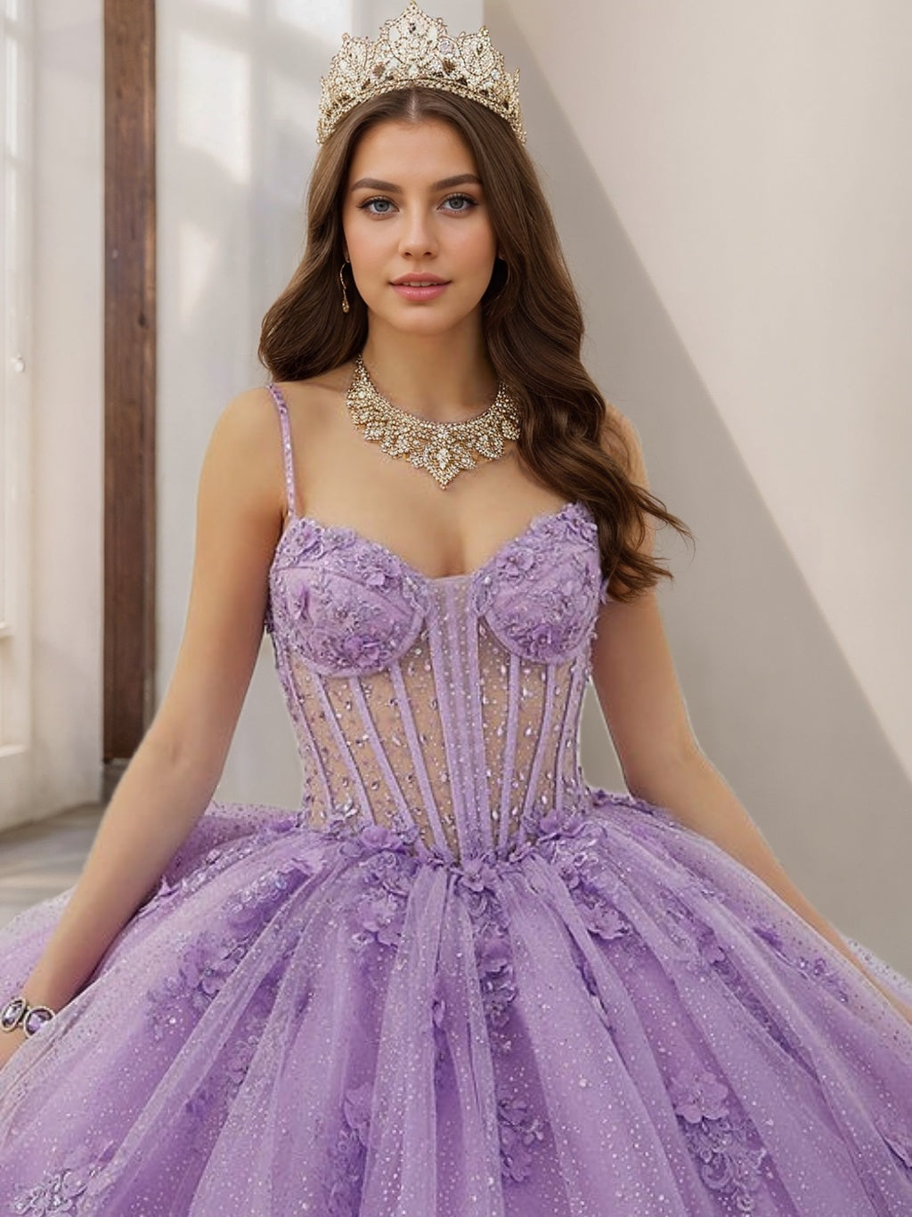 Sleeveless Floor-length Tulle Ball Gown with Spaghetti Straps Beads & Flowers