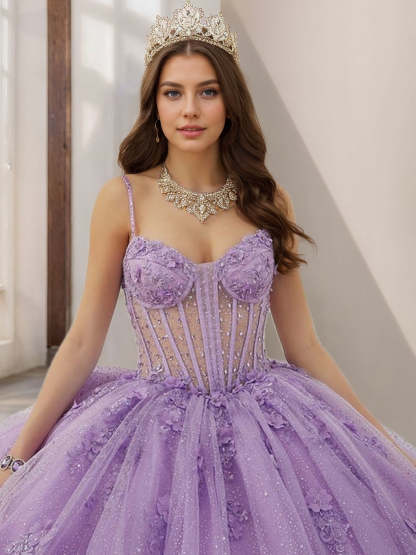 Sleeveless Floor-length Tulle Ball Gown with Spaghetti Straps Beads & Flowers