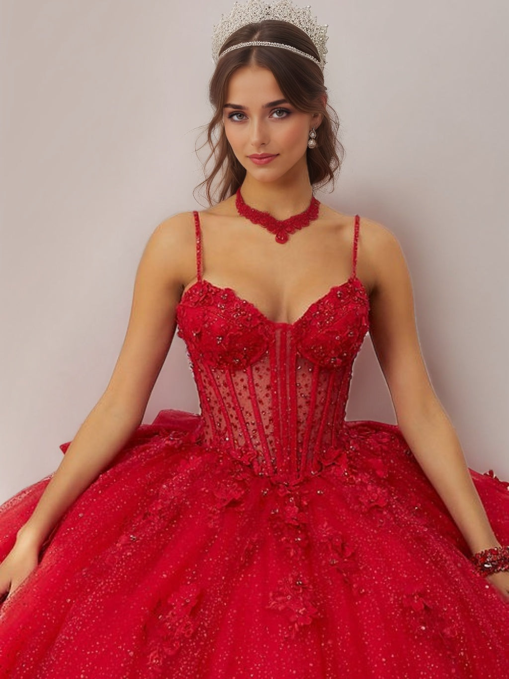 Sleeveless Floor-length Tulle Ball Gown with Spaghetti Straps Beads & Flowers