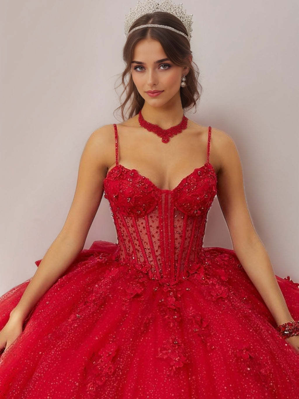 Sleeveless Floor-length Tulle Ball Gown with Spaghetti Straps Beads & Flowers