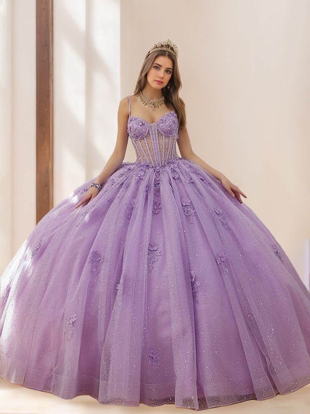 Sleeveless Floor-length Tulle Ball Gown with Spaghetti Straps Beads & Flowers