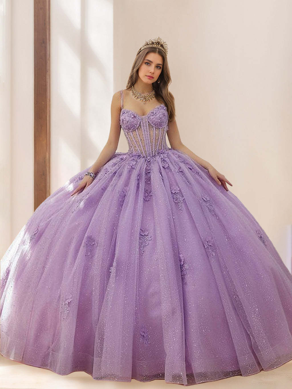 Sleeveless Floor-length Tulle Ball Gown with Spaghetti Straps Beads & Flowers