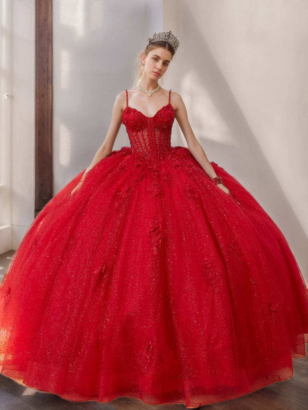 Sleeveless Floor-length Tulle Ball Gown with Spaghetti Straps Beads & Flowers