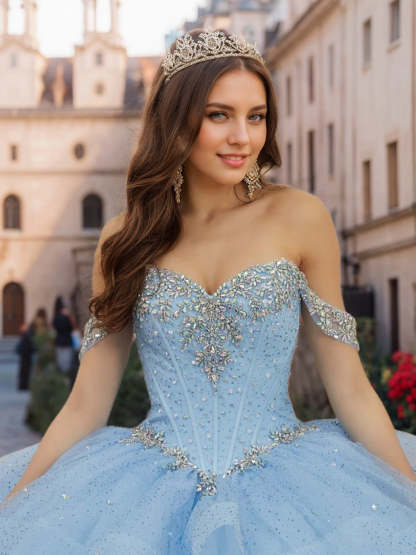 Sweetheart Off-the-Shoulder Sleeveless Ball Gown in Long Tulle with Sequins & Beads