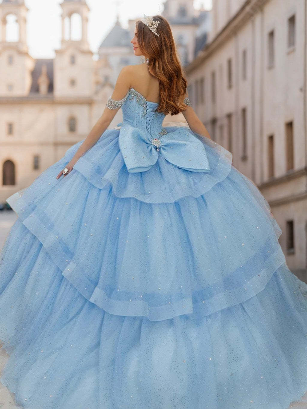 Sweetheart Off-the-Shoulder Sleeveless Ball Gown in Long Tulle with Sequins & Beads