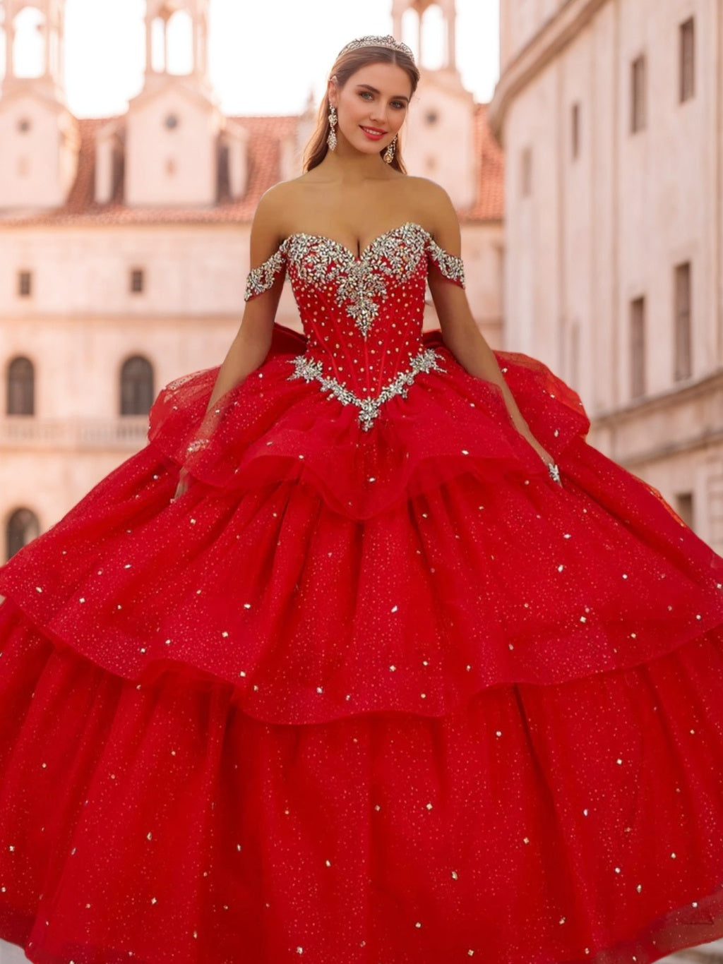 Sweetheart Off-the-Shoulder Sleeveless Ball Gown in Long Tulle with Sequins & Beads