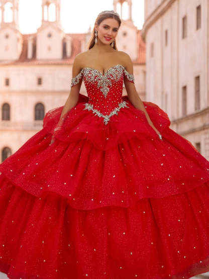 Sweetheart Off-the-Shoulder Sleeveless Ball Gown in Long Tulle with Sequins & Beads