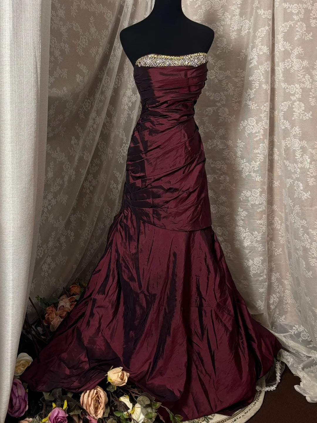 Strapless Sleeveless Floor-Length Taffeta Prom Dress with Ruffles and Sequins in Trumpet/Mermaid Style-BMbridal.UK