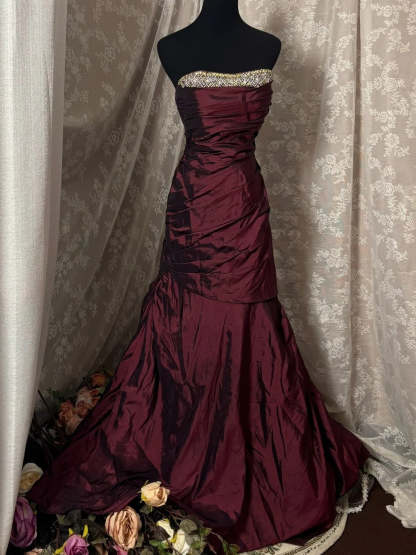 Strapless Sleeveless Floor-Length Taffeta Prom Dress with Ruffles and Sequins in Trumpet/Mermaid Style-BMbridal.UK