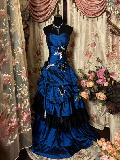 Sweetheart Princess A-Line Sleeveless Floor-Length Floral Taffeta Prom Dress with Ruffles Appliques & Lace-BMbridal.UK