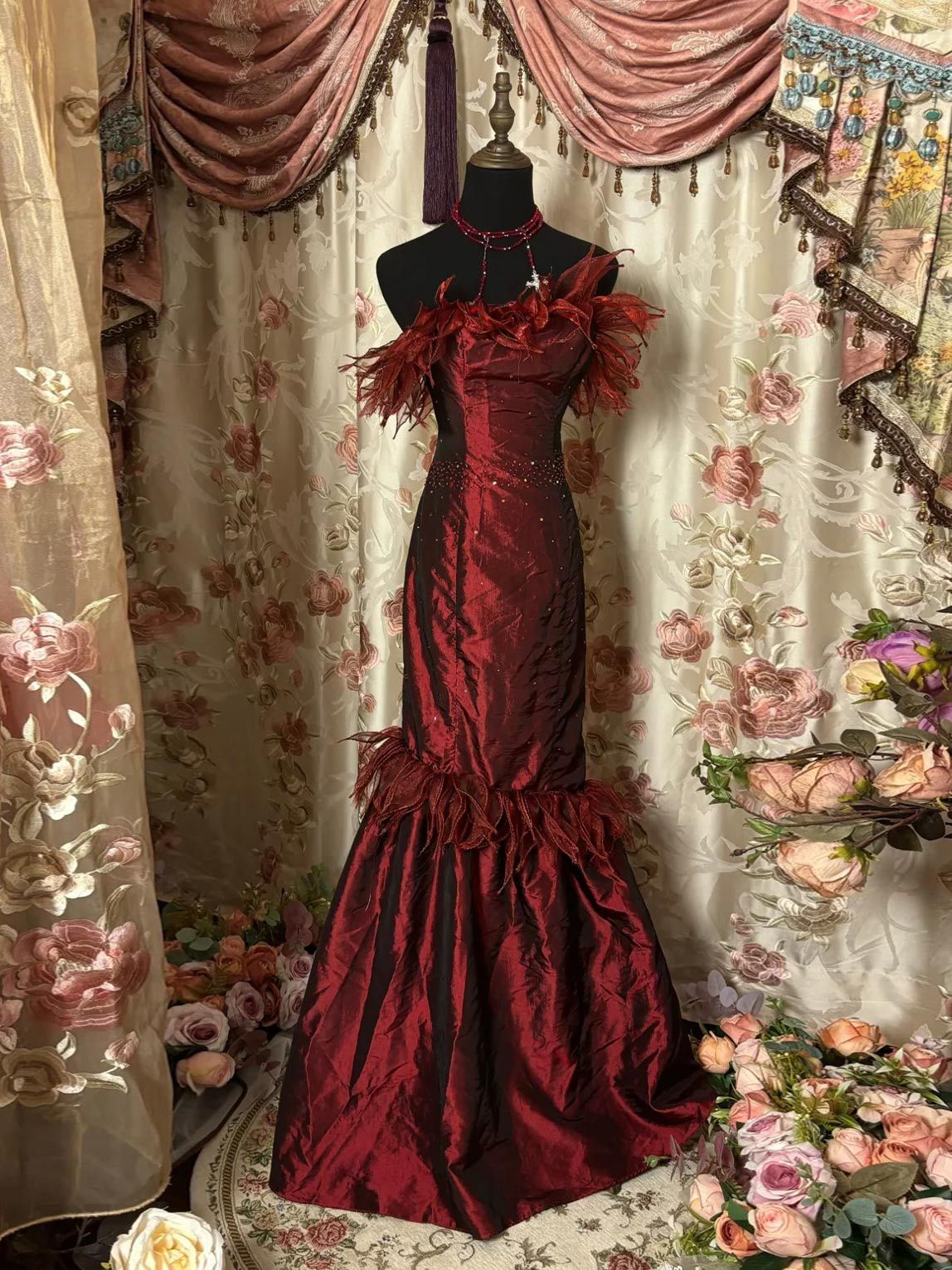 Strapless Sleeveless Floor-Length Taffeta Prom Dress in Trumpet/Mermaid Style with Hot Diamond & Feathers-BMbridal.UK