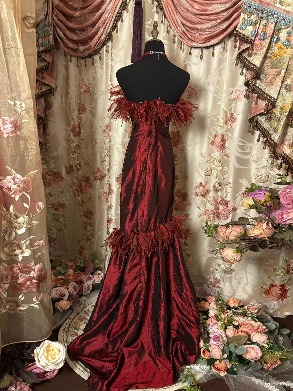 Strapless Sleeveless Floor-Length Taffeta Prom Dress in Trumpet/Mermaid Style with Hot Diamond & Feathers-BMbridal.UK