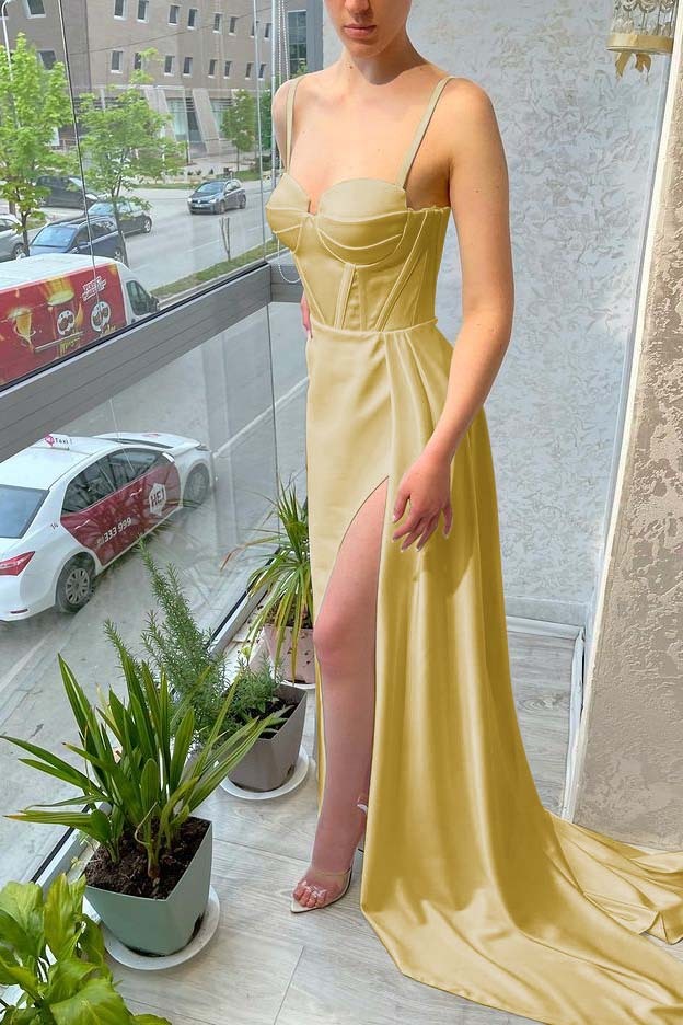 White Sleeveless Mermaid Spaghetti Strap Split Long Prom Dress With Ruffles